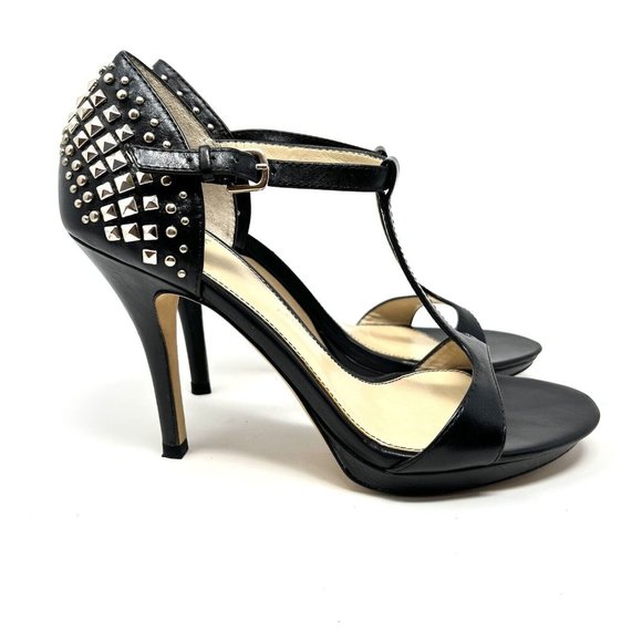 Isola Shoes - Isola Ivalee Gold‎ Stud Black Leather T Strap Heels Dress Evening Prom Size 6.5M